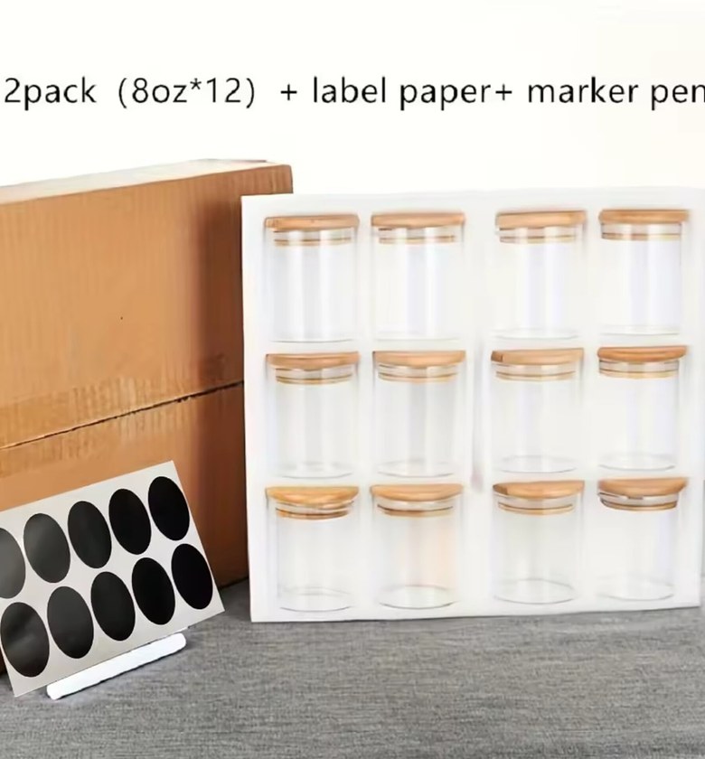 12Pcs Glass Storage Jars Set with Bamboo Lids & Labels - Premium Airtight Pantry Organizers image
