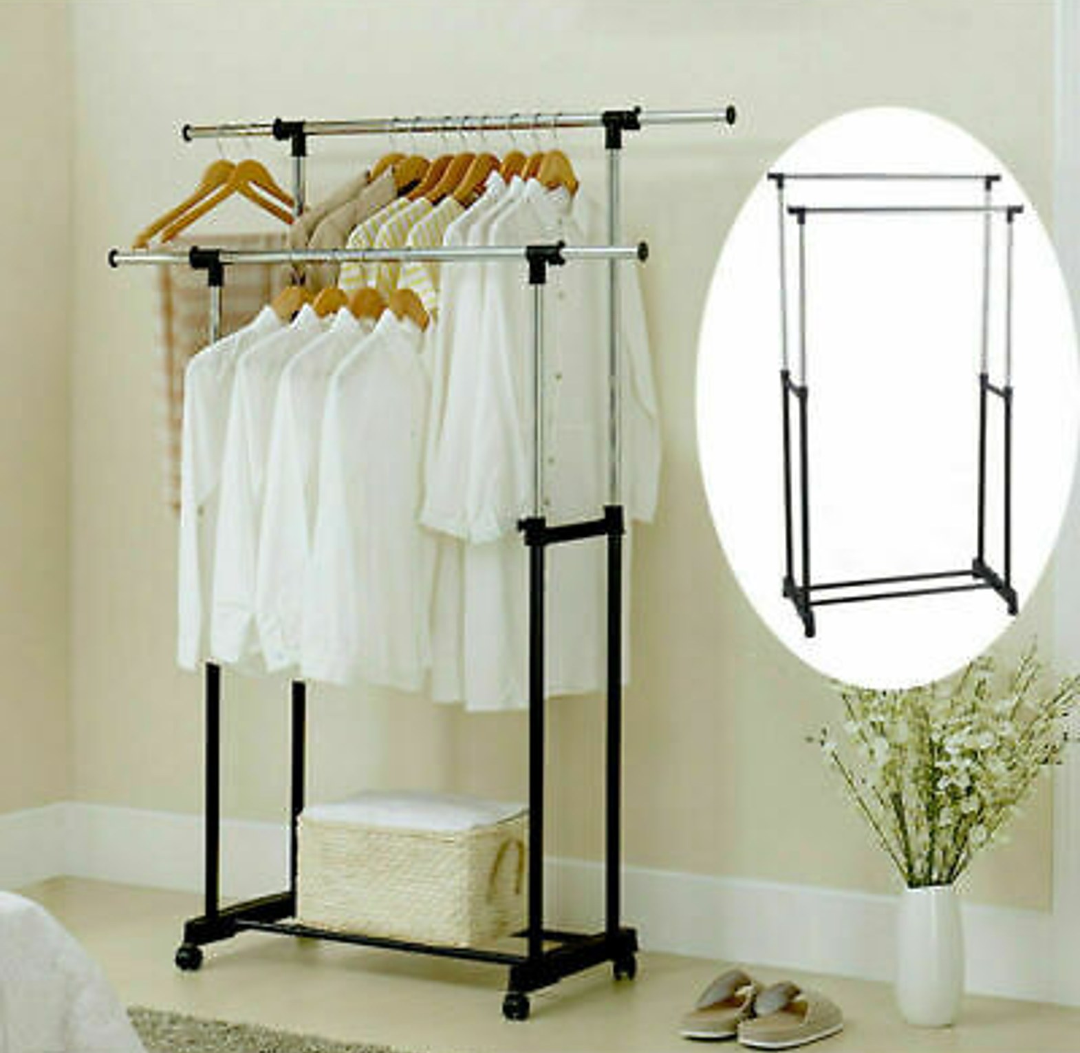Stainless steel double-pole floor coat rack with wheels image