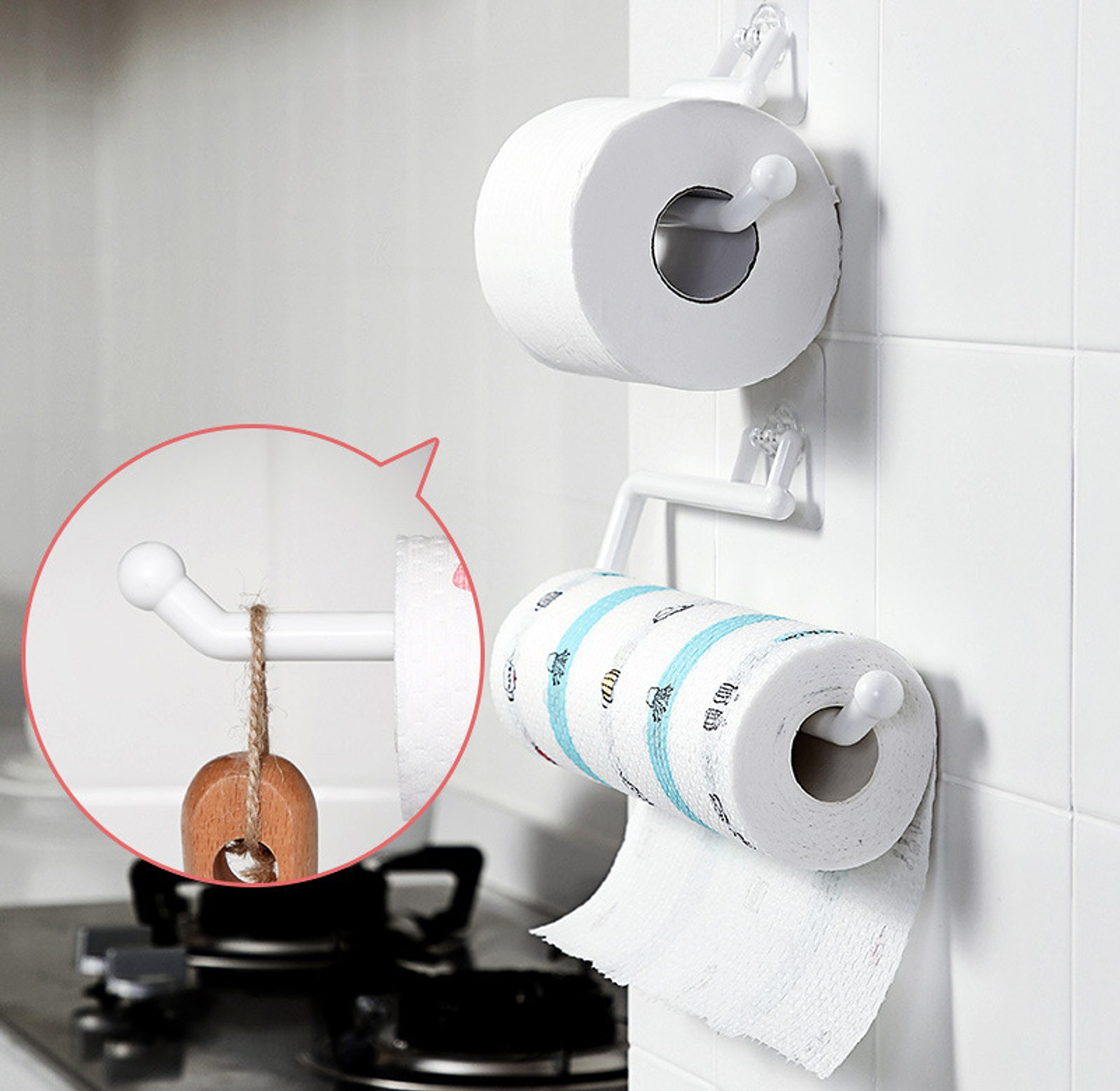 28cm Adhesive Kitchen Paper Towel Holder & Under Cabinet Tissue Roll Rack - No Drill Wall Mount Organizer for Homes & Kitchens image