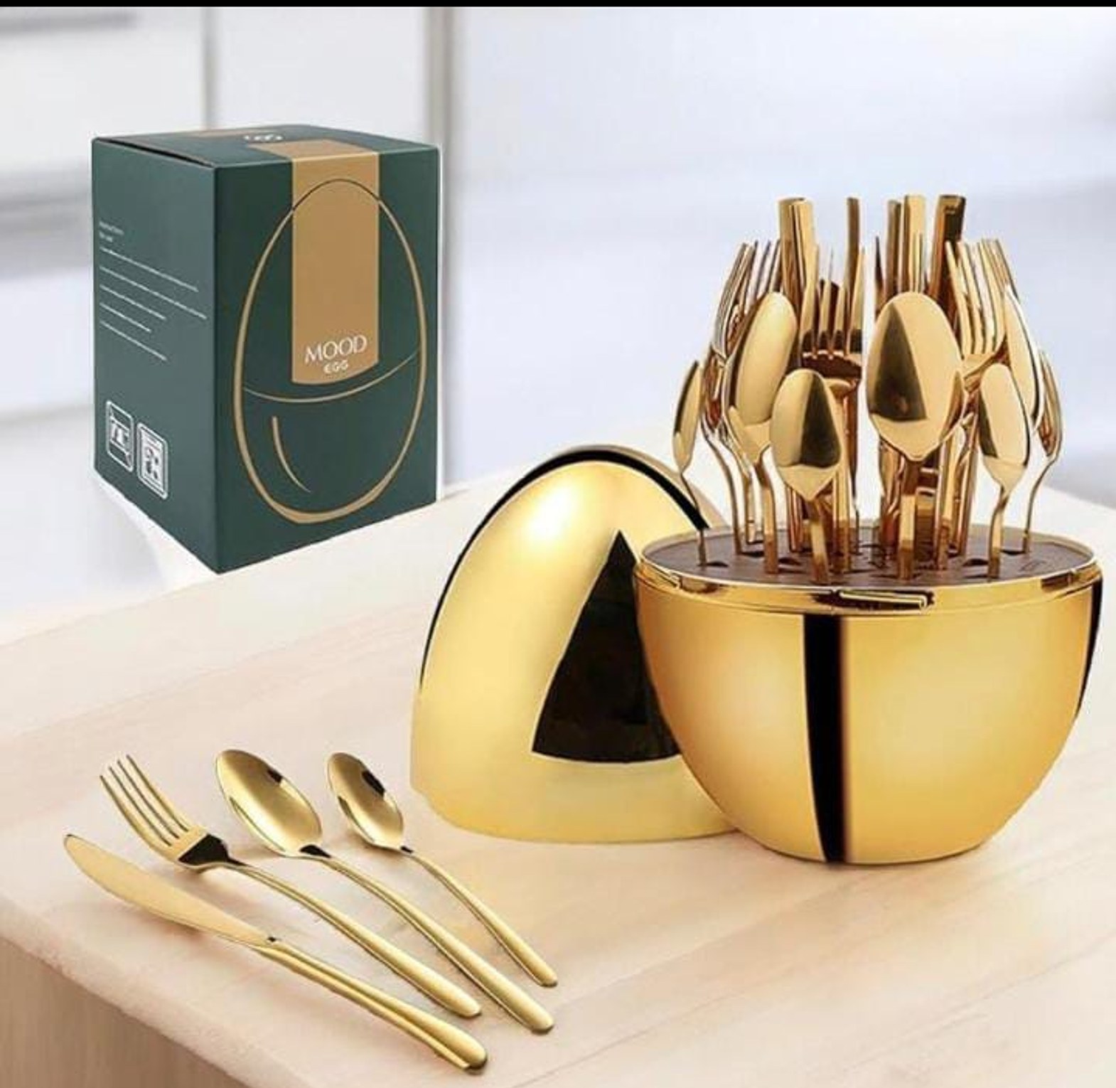 36pc Executive Egg-Shaped Cutlery Set Gold colour-9 Dinner Knives, 9 Dinner Forks, 9 Table Spoons, 9 Tea Spoons, 1 Egg shaped case image