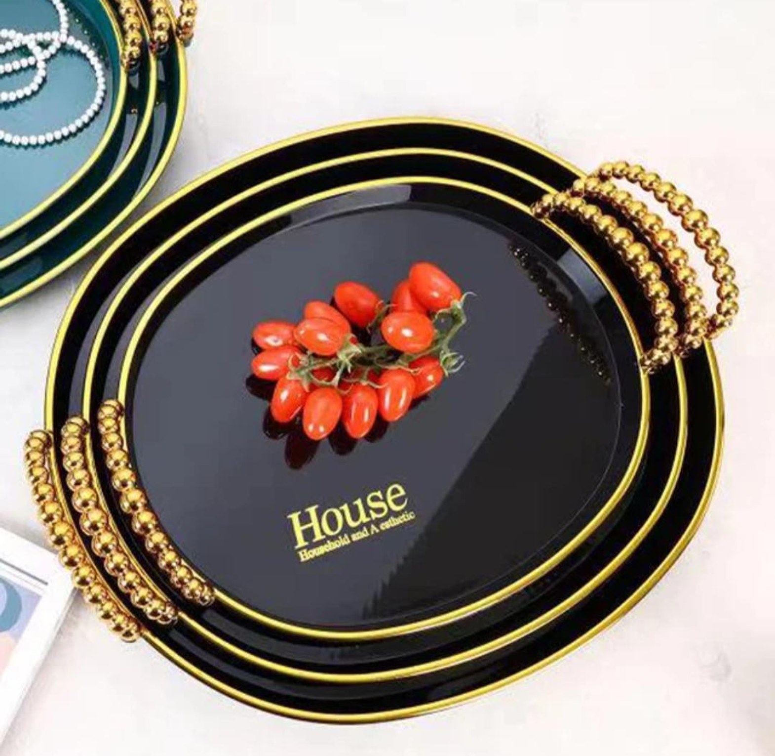 Set of 3 Rectangular Serving Tray / Platters with Gold Handles image
