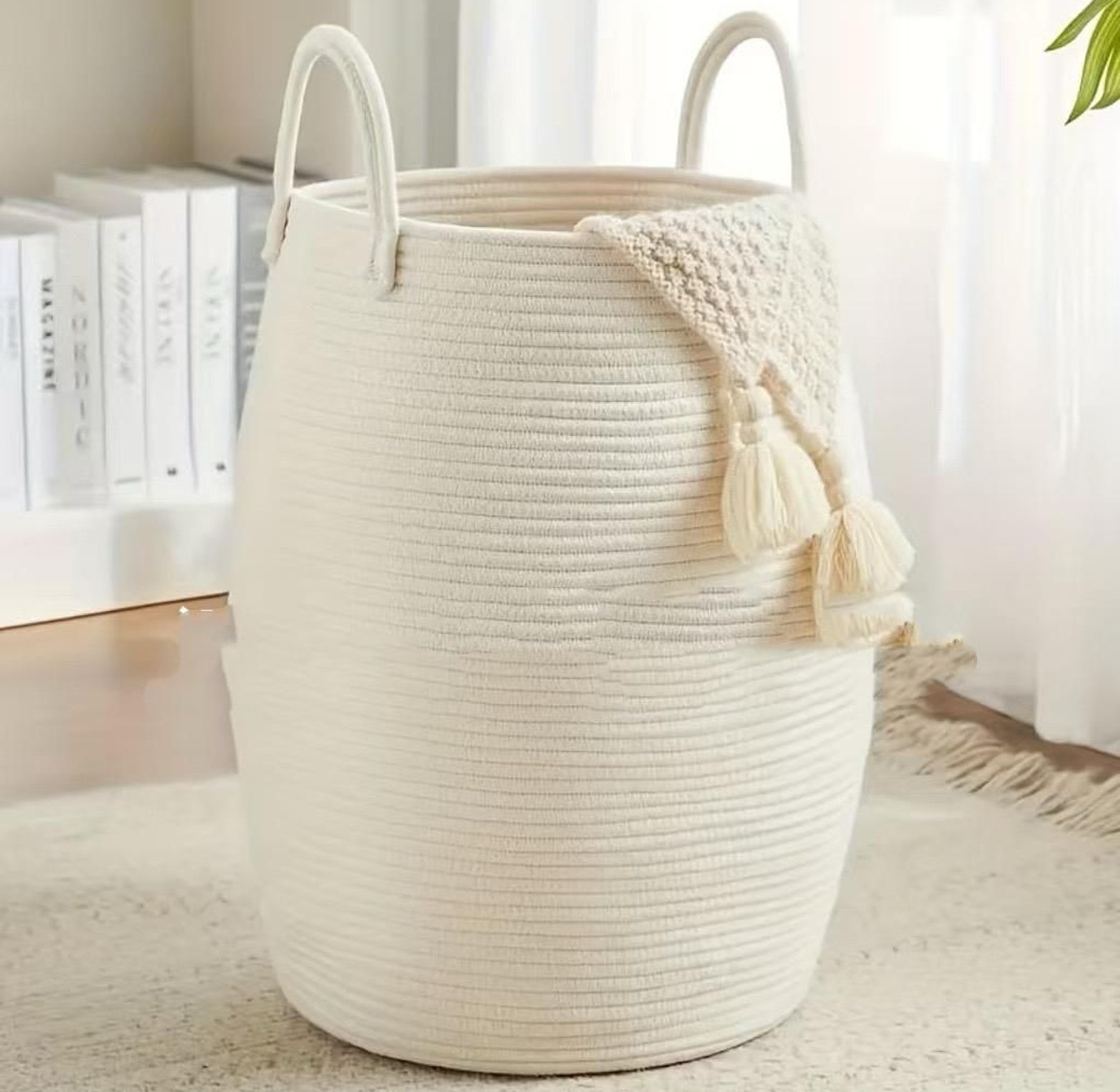 Large 65L Cotton Rope Decorative Woven Basket with Extended Handles image