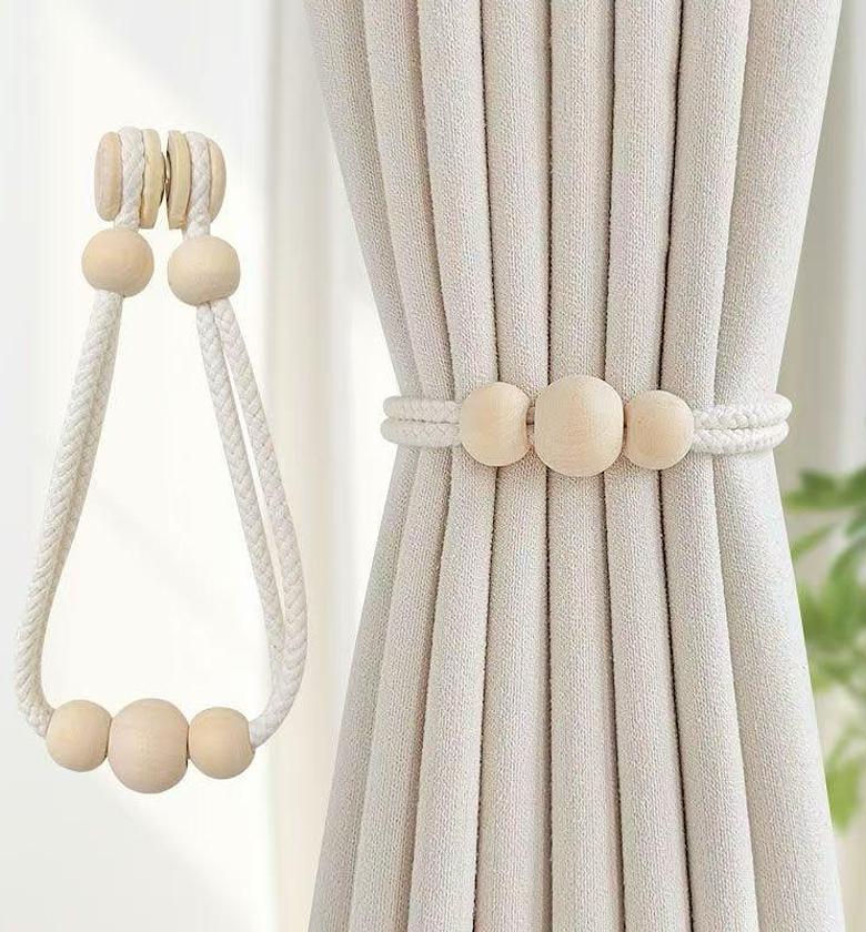 Elegant Magnetic Curtain Tiebacks with Wooden Bead Detail (Pair) image