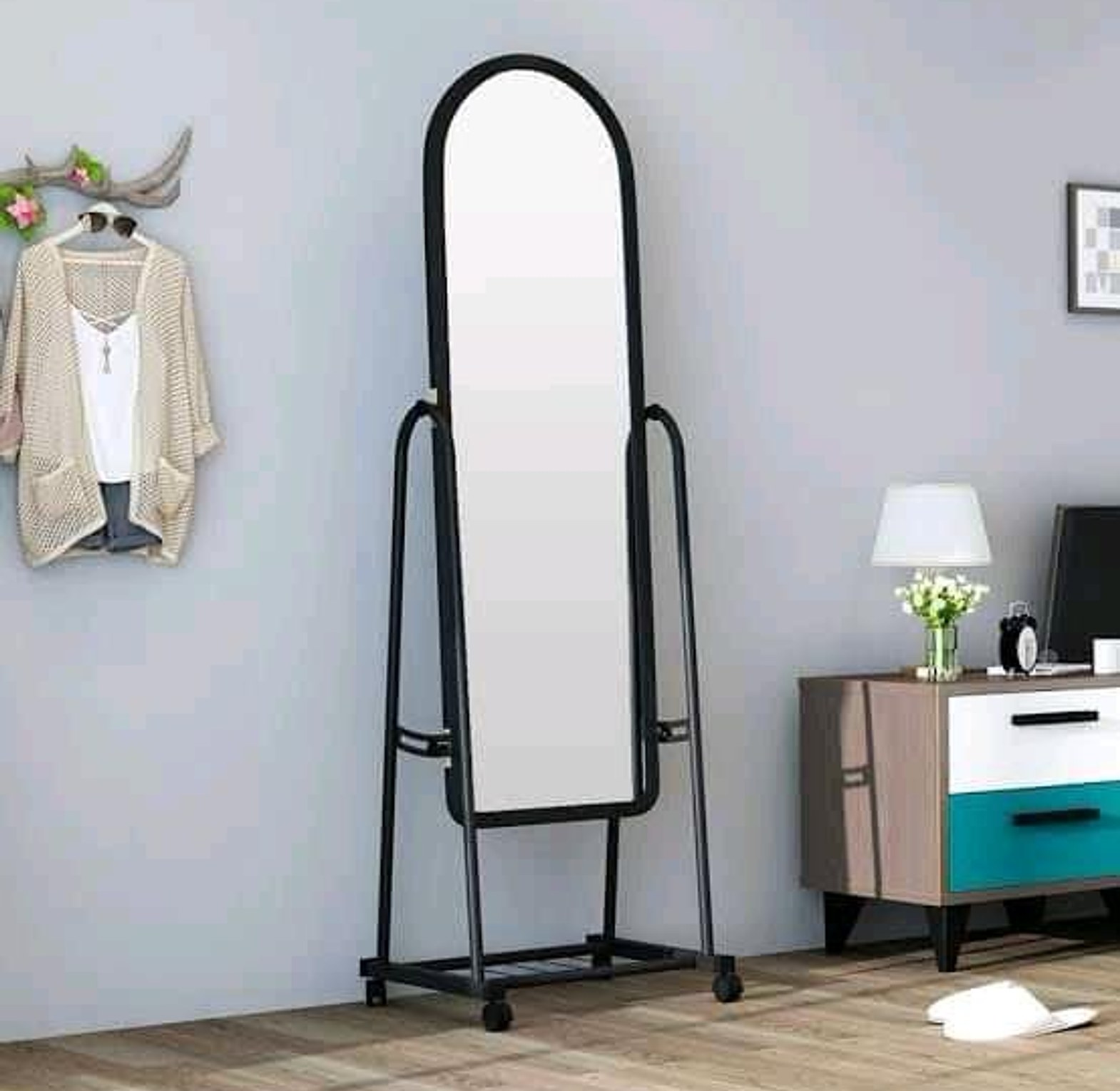 DRESSING MIRROR. Black Full Length Dressing Mirror with Wheels and shoes Rack  image