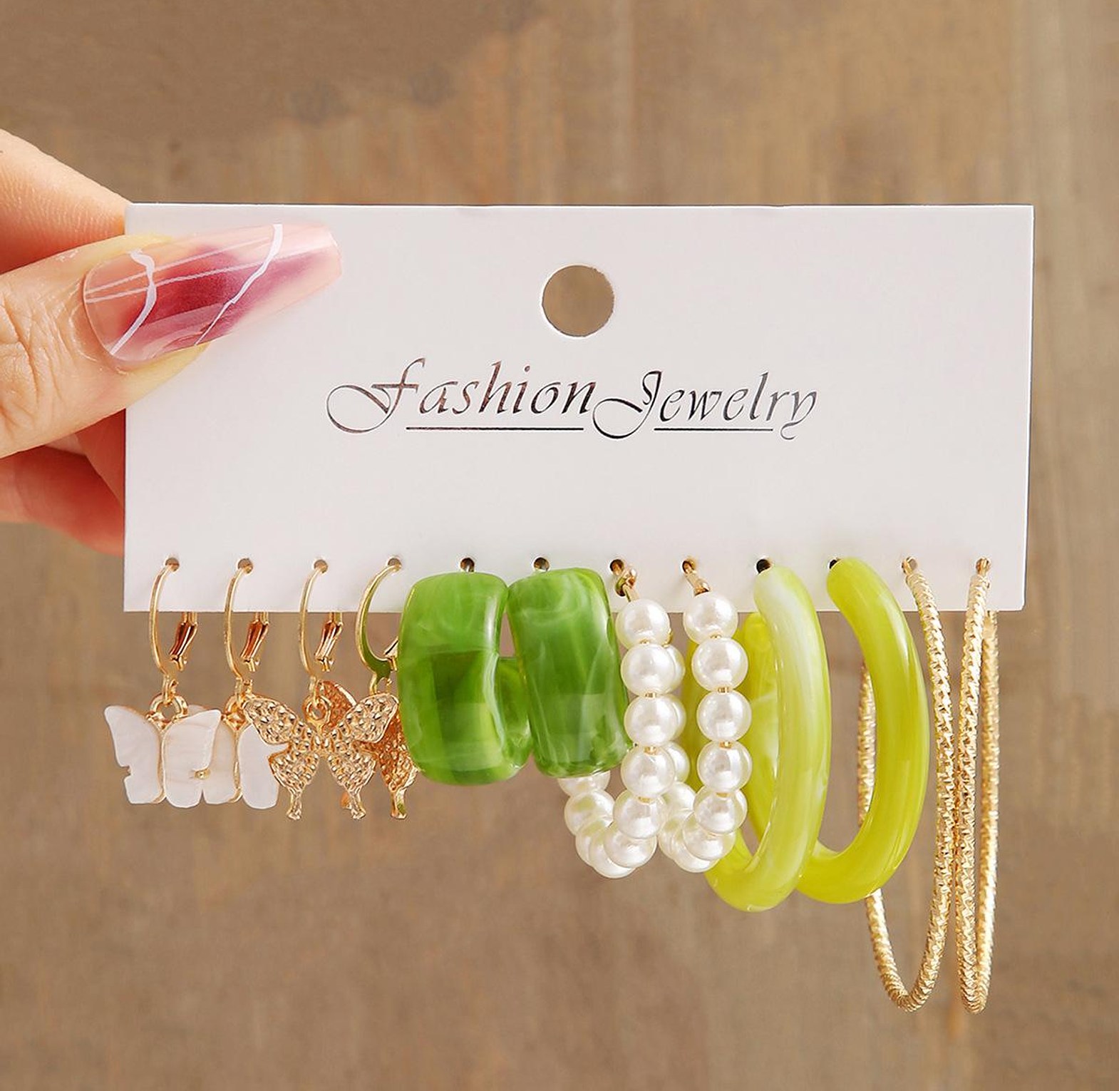 Green Pink Acrylic Pearls Butterfly Gold Toned image