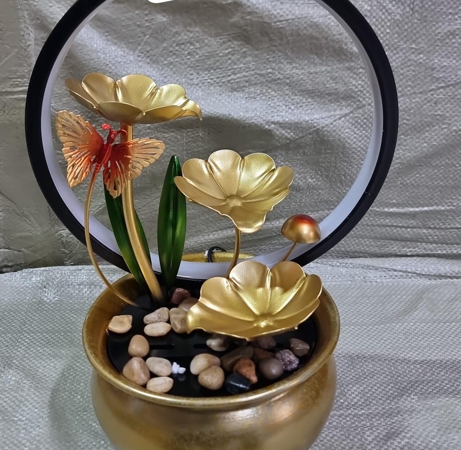 Luxury Golden Lotus Tabletop Water Fountain with Circular LED Light & Butterfly Accents - Modern Indoor Decor for Homes & Offices image