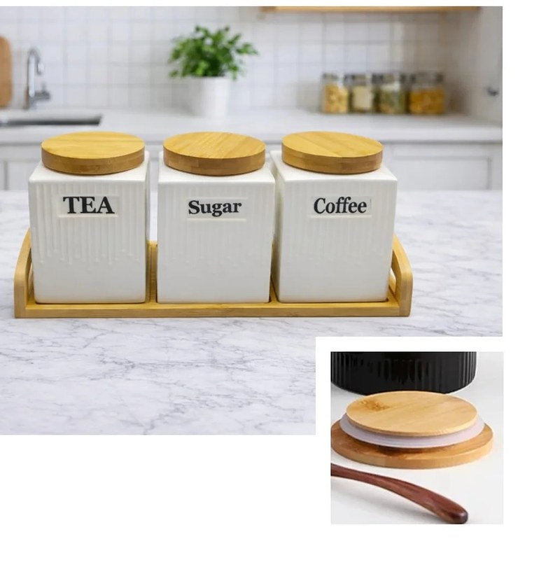 3pc Ceramic Canister Set with Bamboo Lids & Tray image