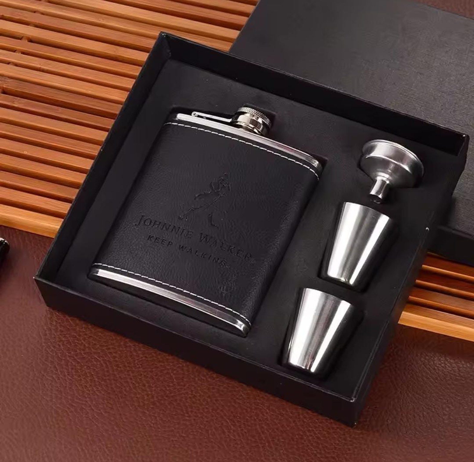 Johnnie Walker Premium Leather Wrapped Hip Flask Set with 2 Shot Cups & Funnel - 8oz Stainless Steel Pocket Liquor Flask Kenya image
