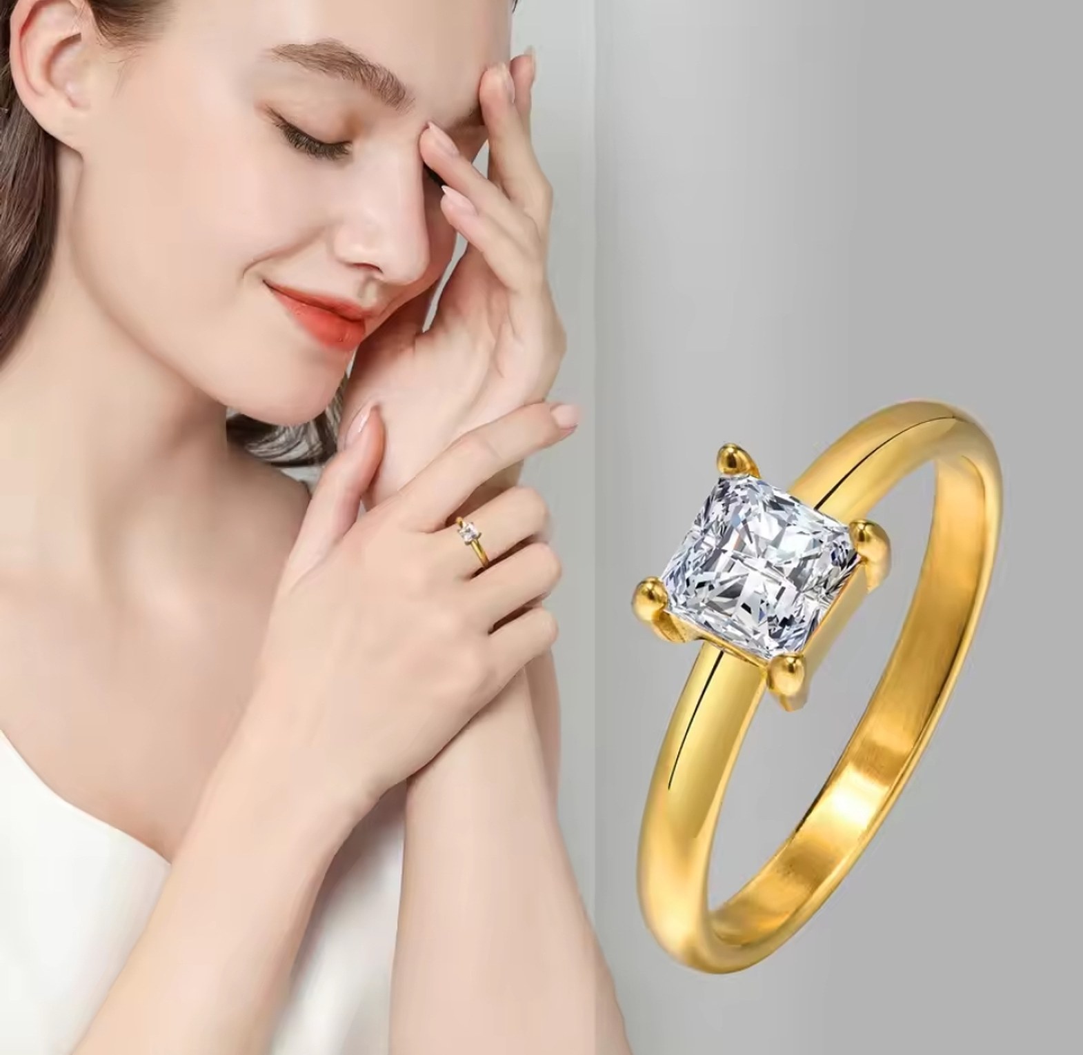 Square gold plated stainless steel cubic zirconia engagement ring  image