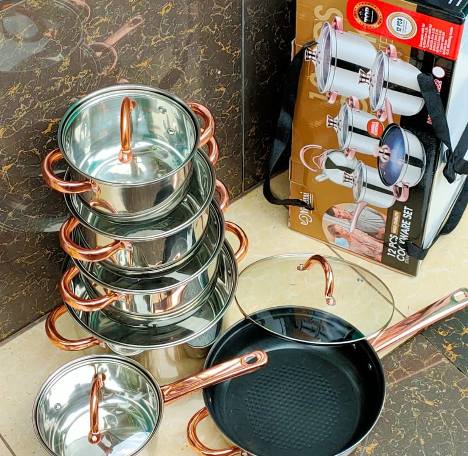 12 PCS Stainless steel fry pan non-stick cookware sets. GOOD QUALITY HIGHLY RECOMMENDED image