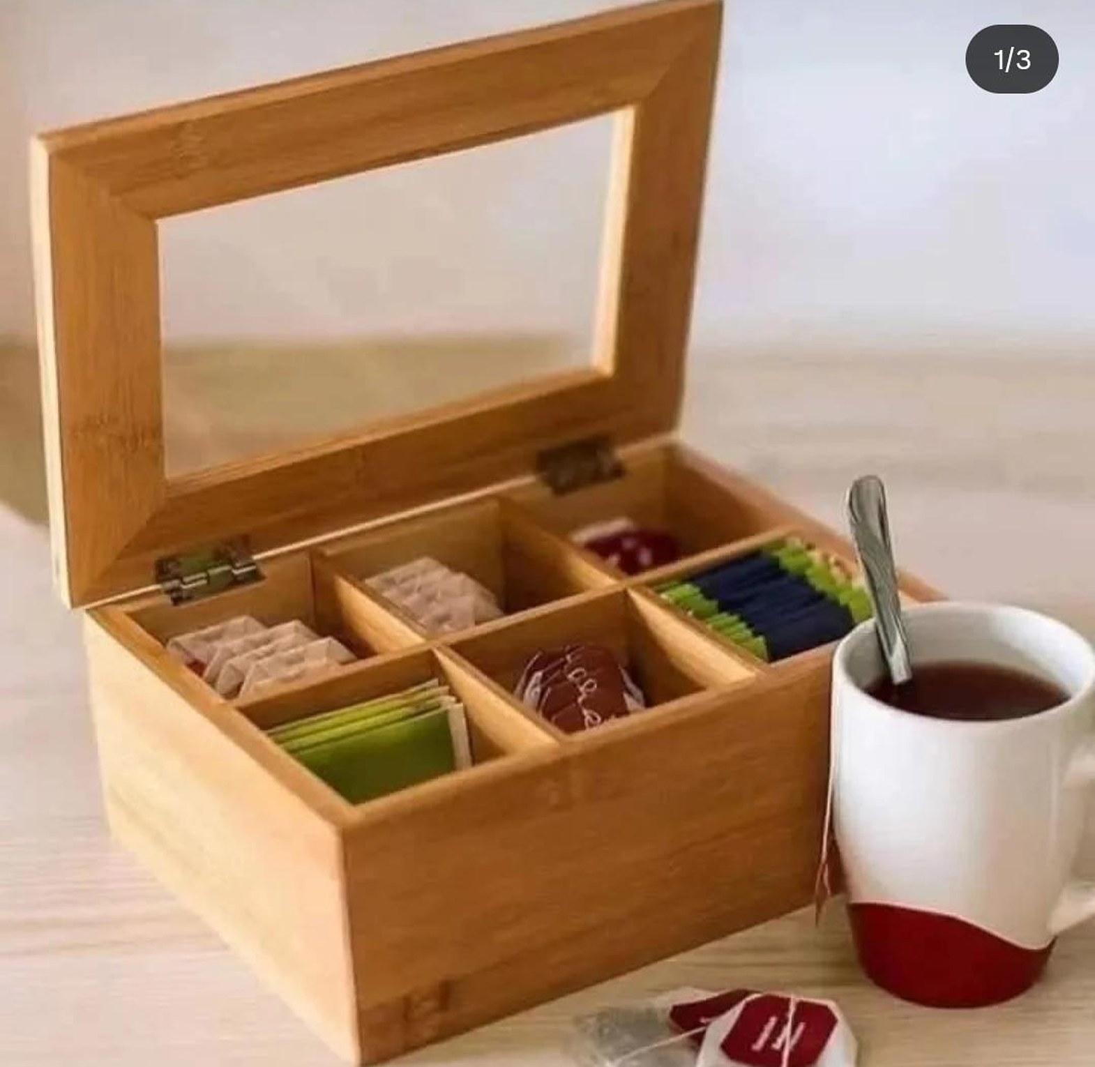 6 slots bamboo tea bags organizer  It has a clear cover top image