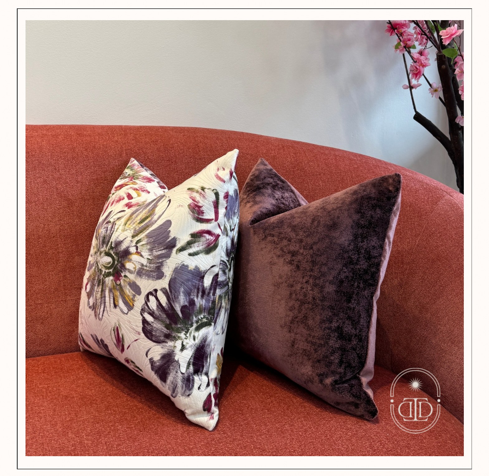 Purple dahlia bloom velvet cushion cover. image