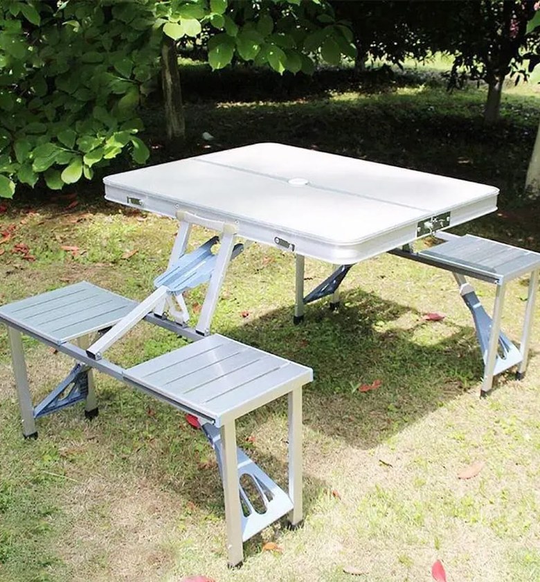 Foldable Camping Table. Portable Aluminum Folding Picnic Table with Integrated Seats image