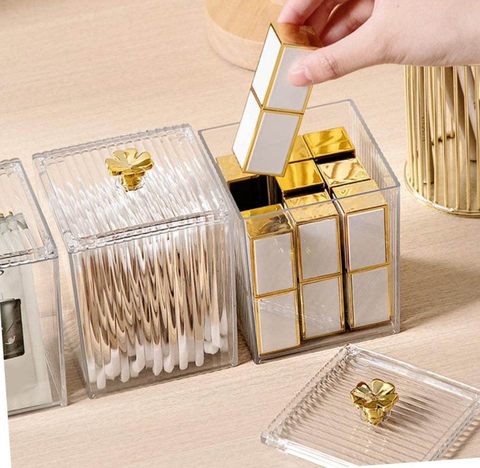 Luxury Ribbed Acrylic Makeup Organizer & Cotton Bud Holder with Gold Flower Lid – Elegant Vanity Storage Box for Home & Salon image