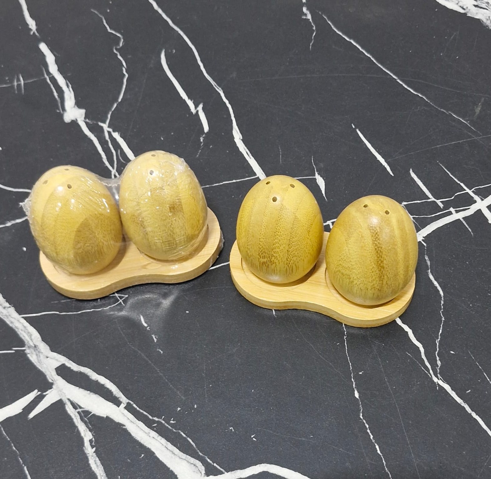 Aesthetic Bamboo Egg-Shaped Salt & Pepper Shaker Set (3 Pieces) with Wooden Tray image