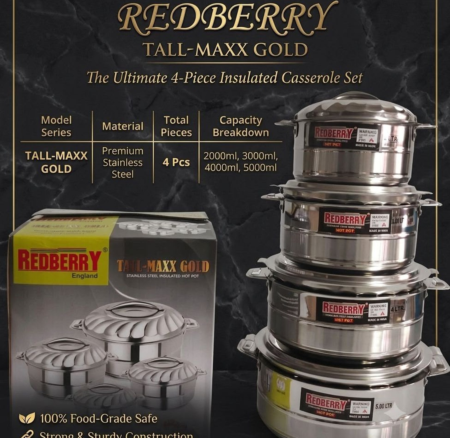 REDBERRY TALLMAXX GOLD Insulated Hotpot Set – 4 Piece image