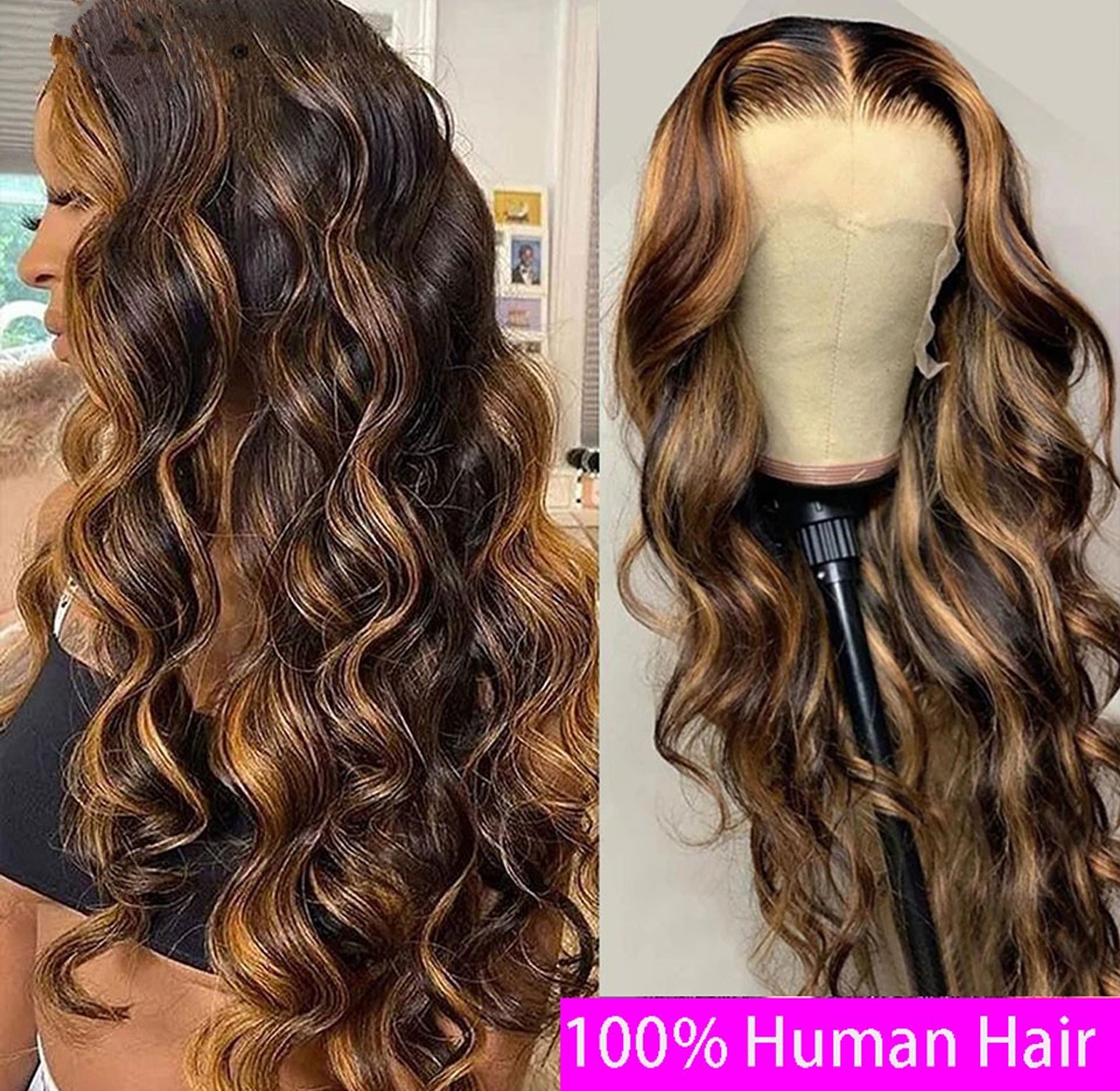 Highlight Honey Blonde body Wave Human Hair wig  image