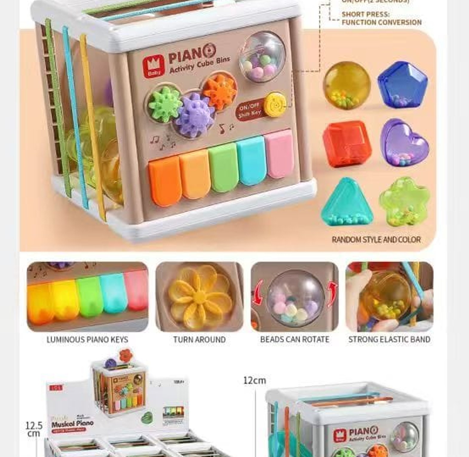 Kids Musical Piano Activity Cube with Shape Sorter, Light-Up Piano Keys, Bead Spinner & Sensory Learning Toy image