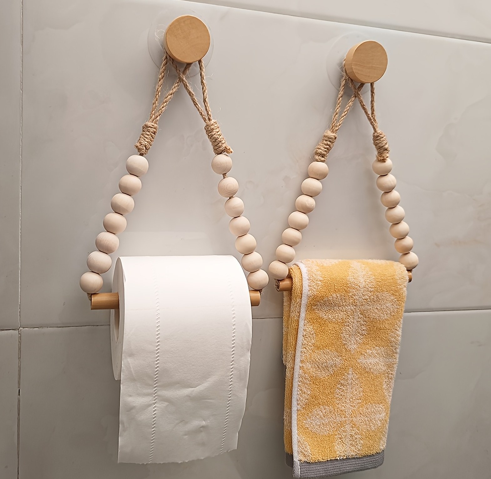 Boho Wooden Beads Toilet Paper Holder - Self Adhesive No-Drill Wall Mount Tissue Rack for Bathroom Decor  image