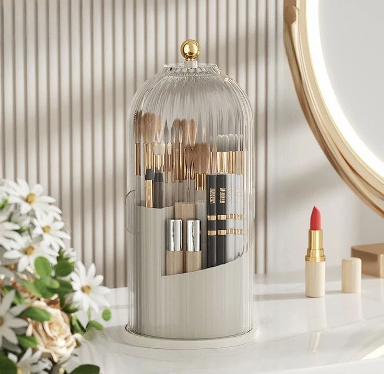 3-Tier Rotating Makeup Brush Organizer with Dust-Proof Transparent Lid image