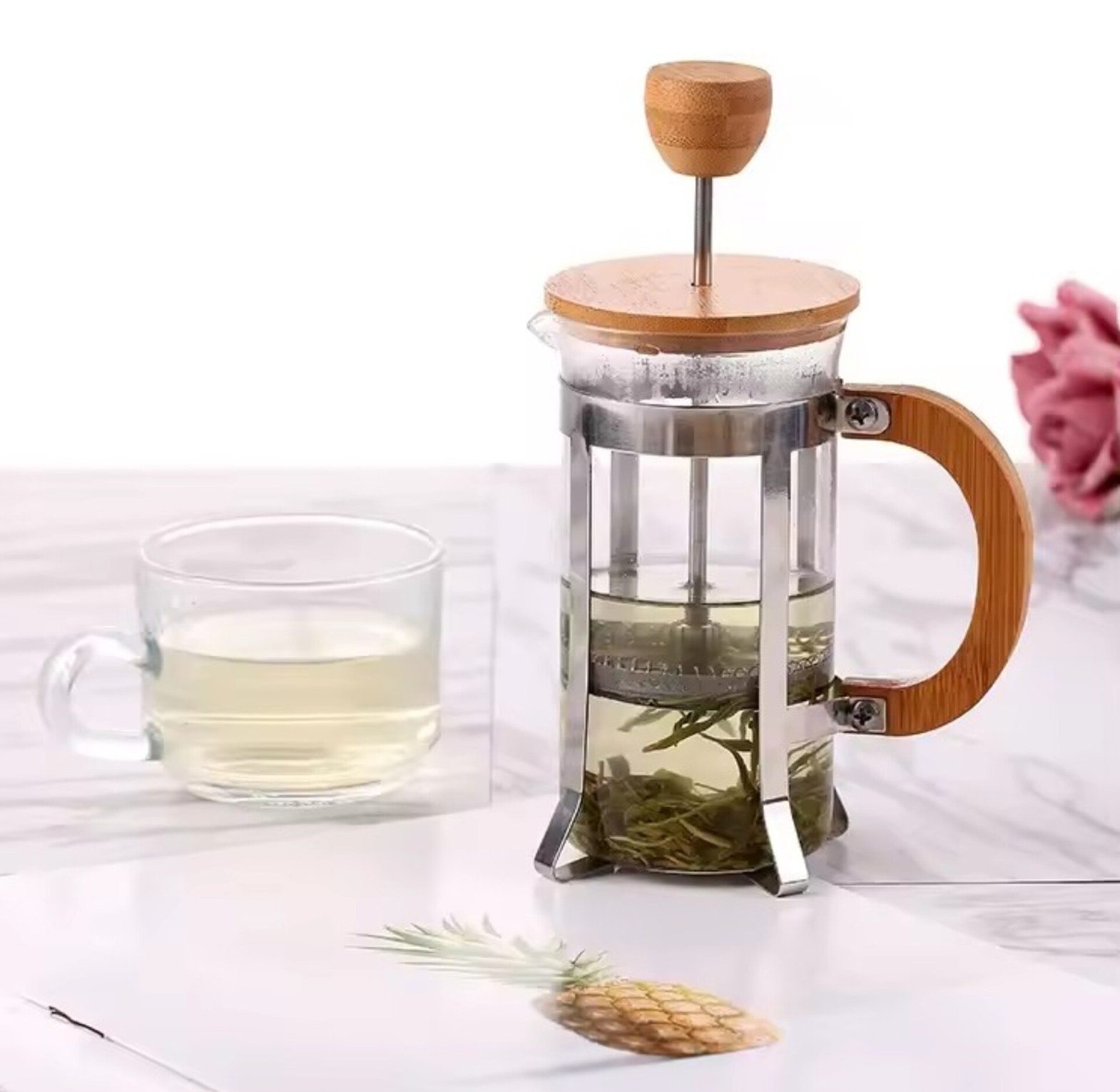800ml Bamboo French Press Coffee & Tea Maker - Heat Resistant Borosilicate Glass Plunger with Eco-Friendly Wood Finish image
