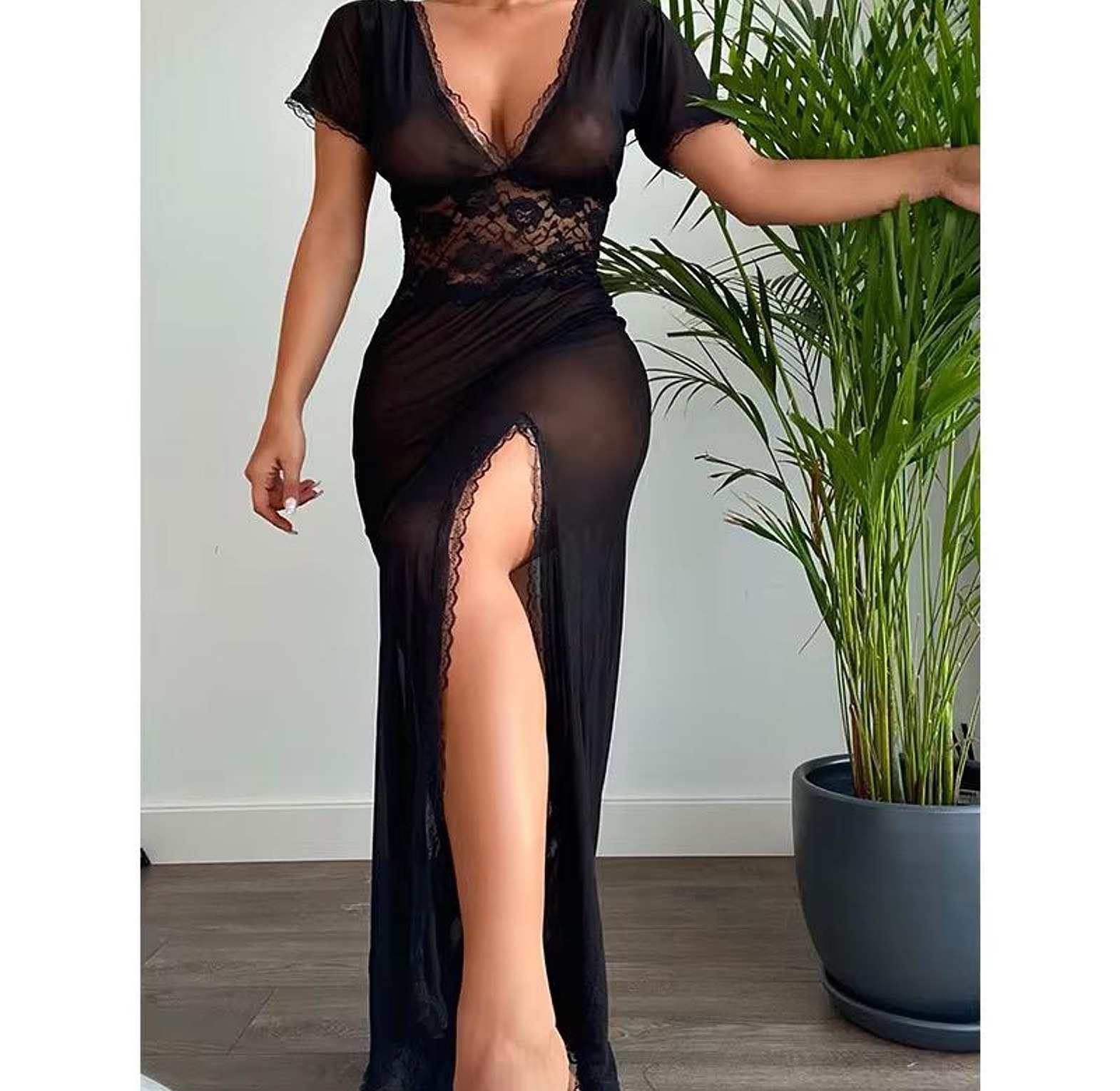 Sheer Loungewear Dress with Thigh High Front Slit image