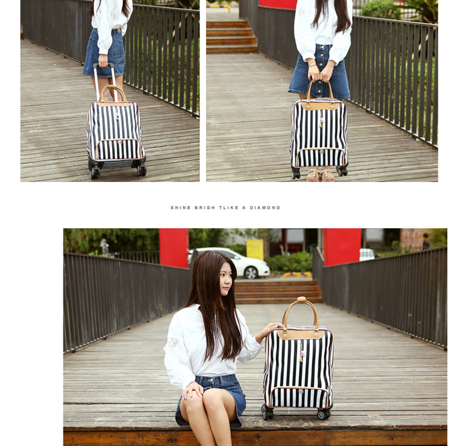 Premium Striped 4-Wheel Cabin Trolley Bag - Lightweight Spinner Hand Luggage for Women - Durable Travel Carry-On image