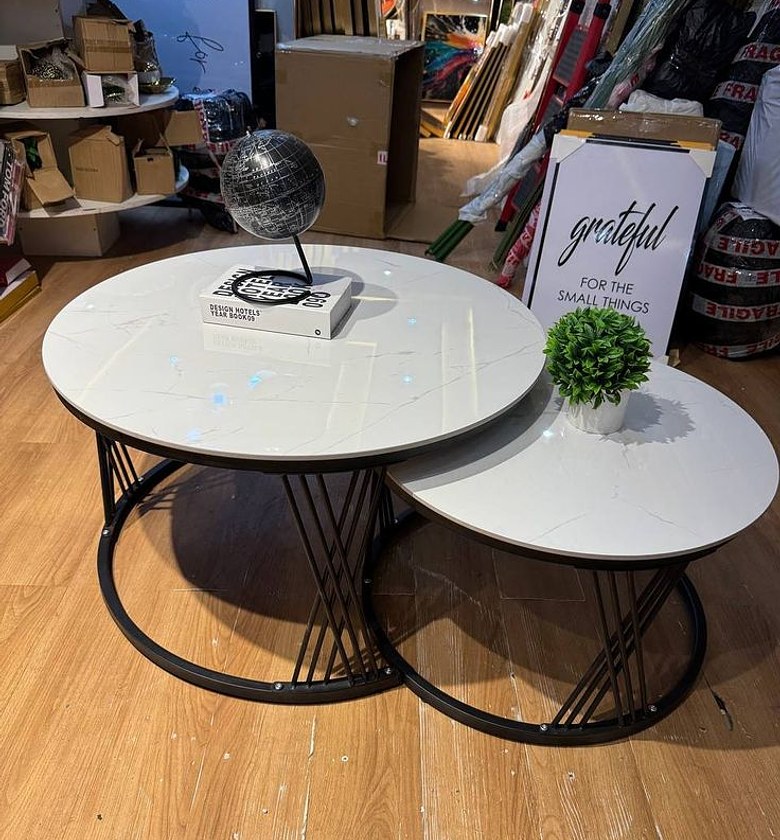 Modern Luxury 2-in-1 Pure Marble Nesting Tables with Black Metal Stand image