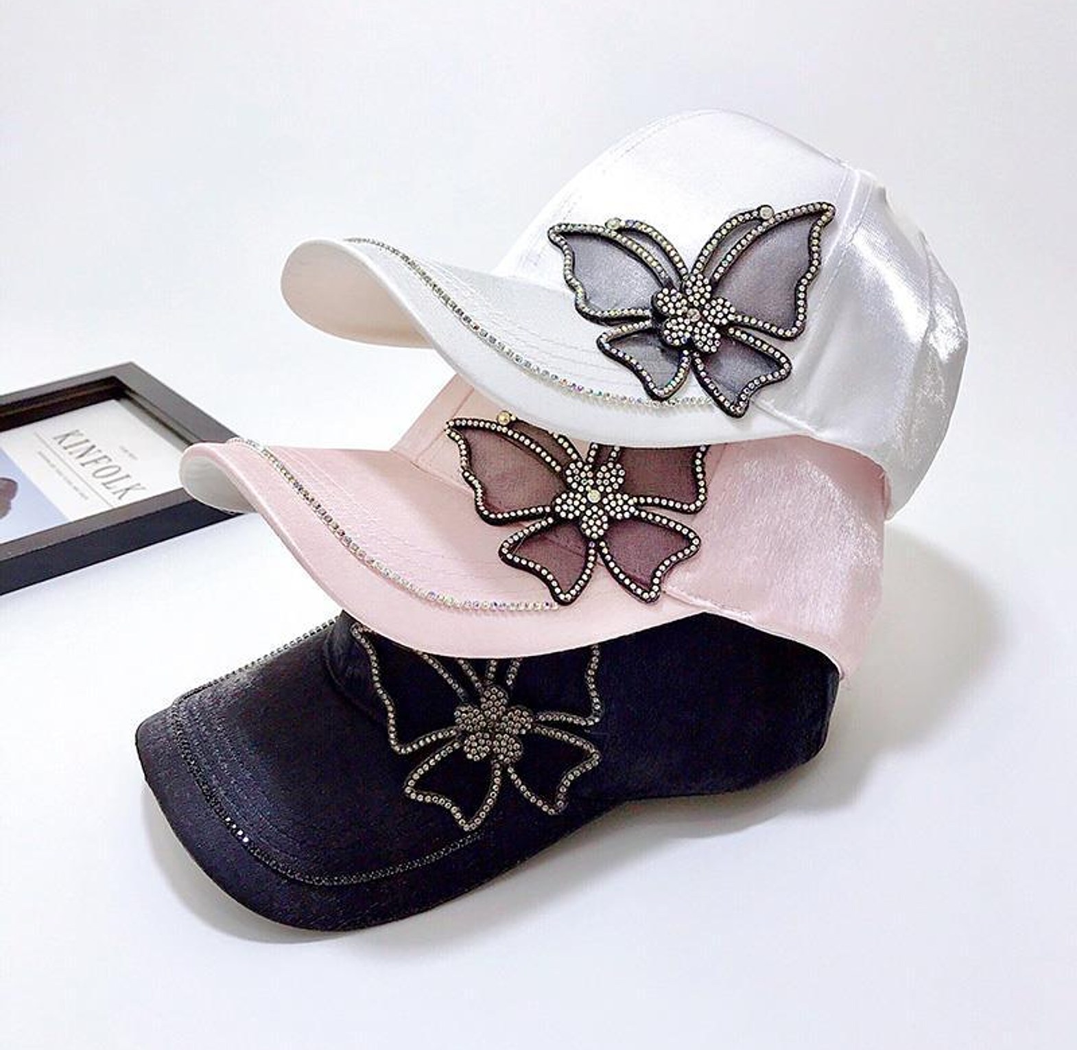Women’s Silk Satin Rhinestone Butterfly Baseball Cap image