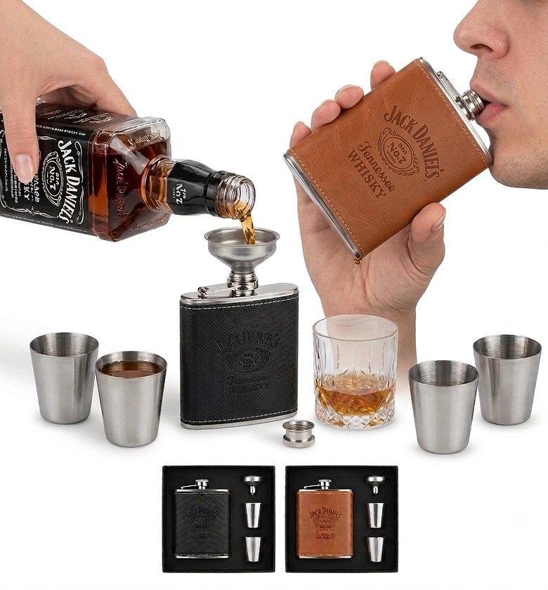 Jack Daniels Premium Leather Hip Flask Gift Set with 2 Shot Cups & Funnel - Perfect Men's Gift Box image