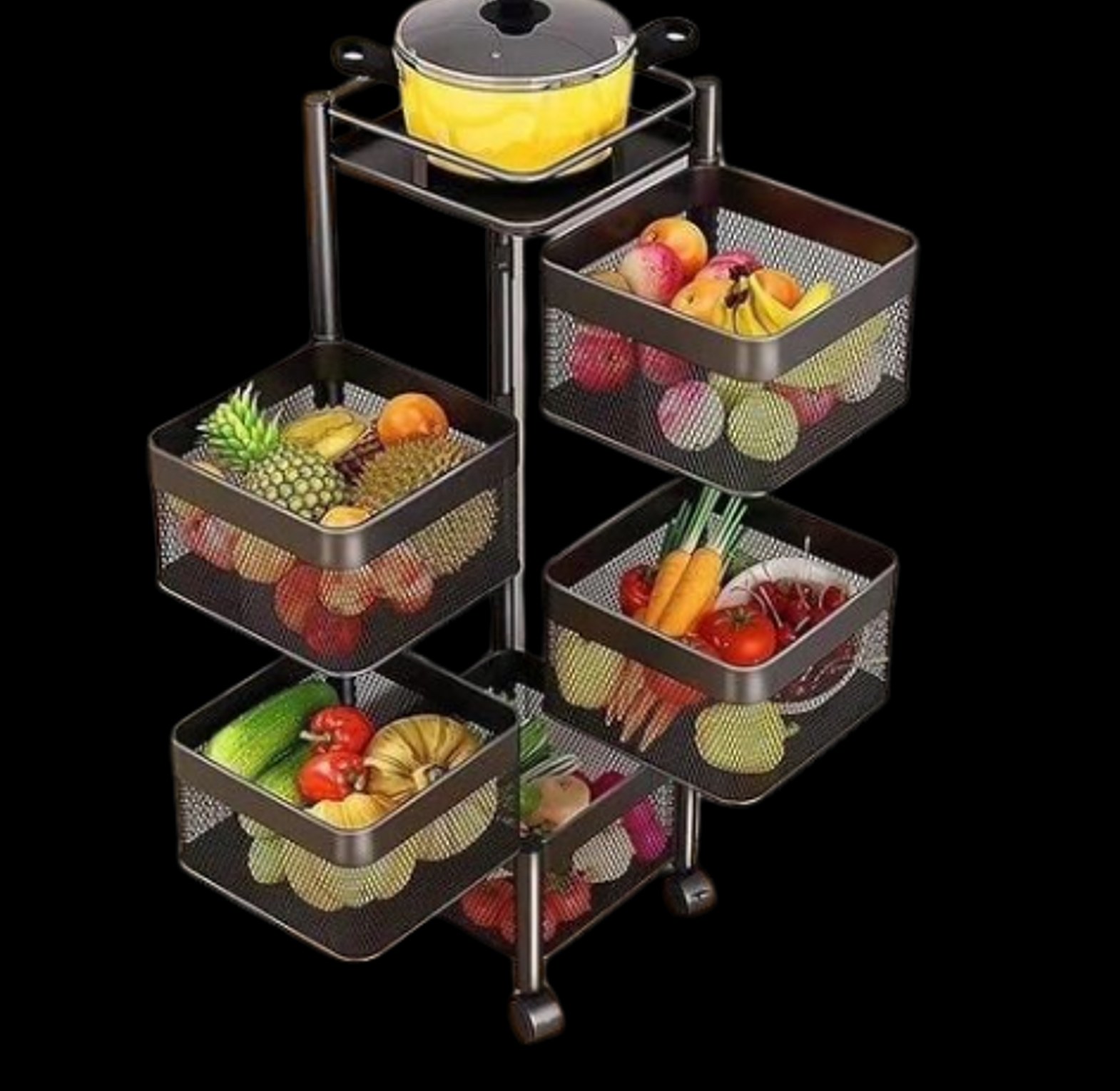 5-Tier Square Rotating Storage Rack or Fruit and Vegetable Organizer Basket with Wheels.  image
