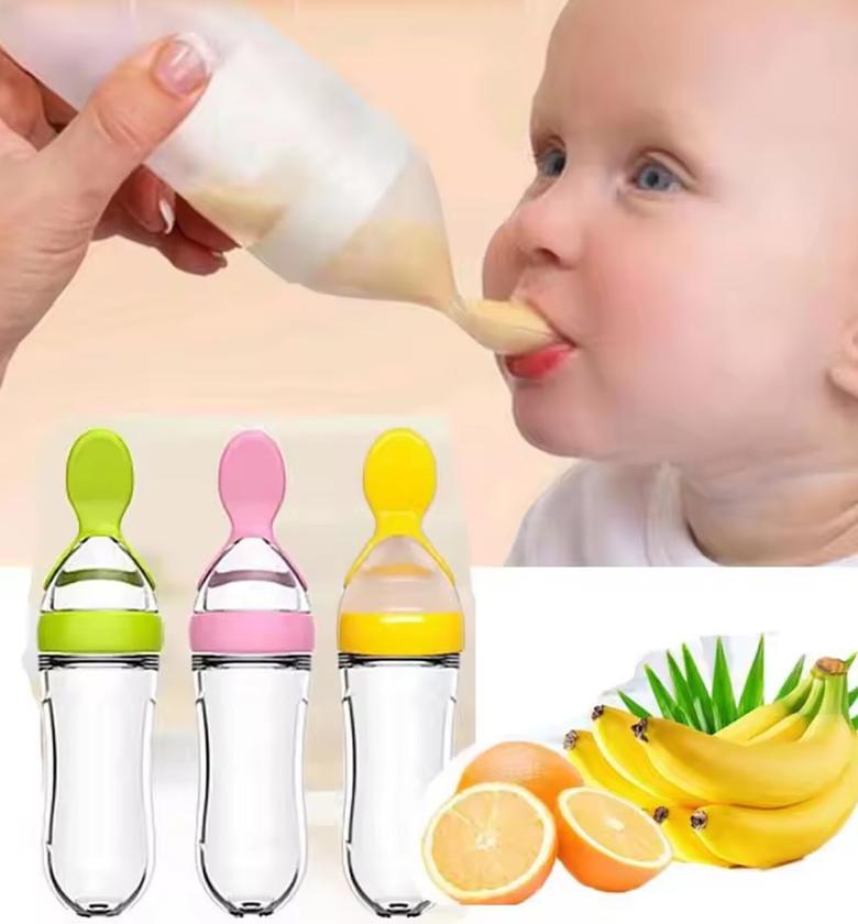 Silicone Squeezy Baby Feeding Spoon Bottle for Weaning & Purees, BPA-Free Soft Silicone Feeder with Suction Base image