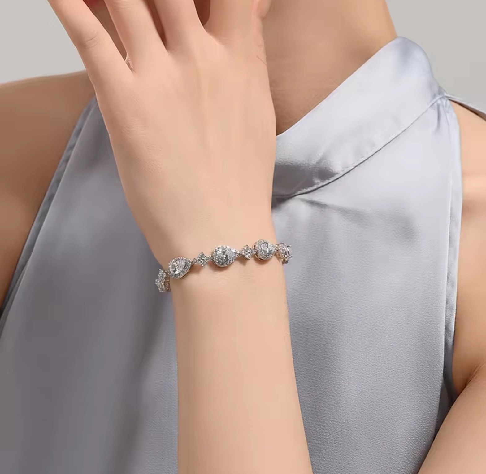Geometric Water Drop Cubic Zirconia Hypoallergenic Gift/Bridal Bracelet image