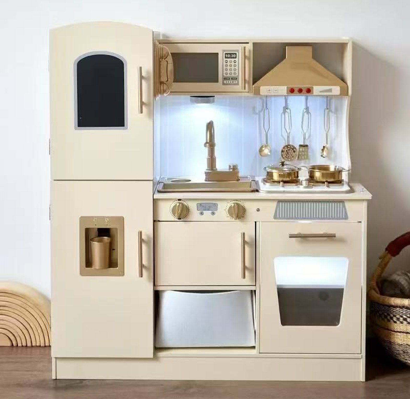 Kitchen Wooden Toy for Kids with Microwave Play Sink Ice Maker Oven Cookware Accessories Playset image