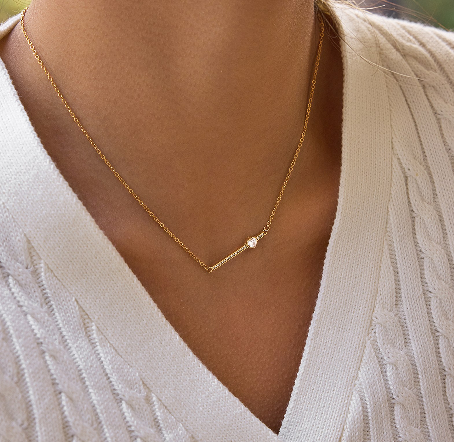 Dainty gold bar and heart pendant necklace image