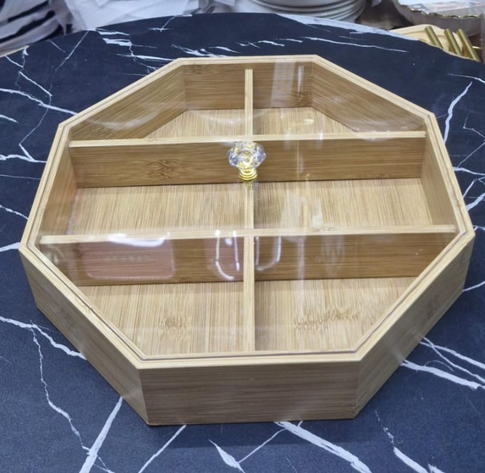 6-Section Octagon Bamboo Organizer Tray with Clear Acrylic Lid image