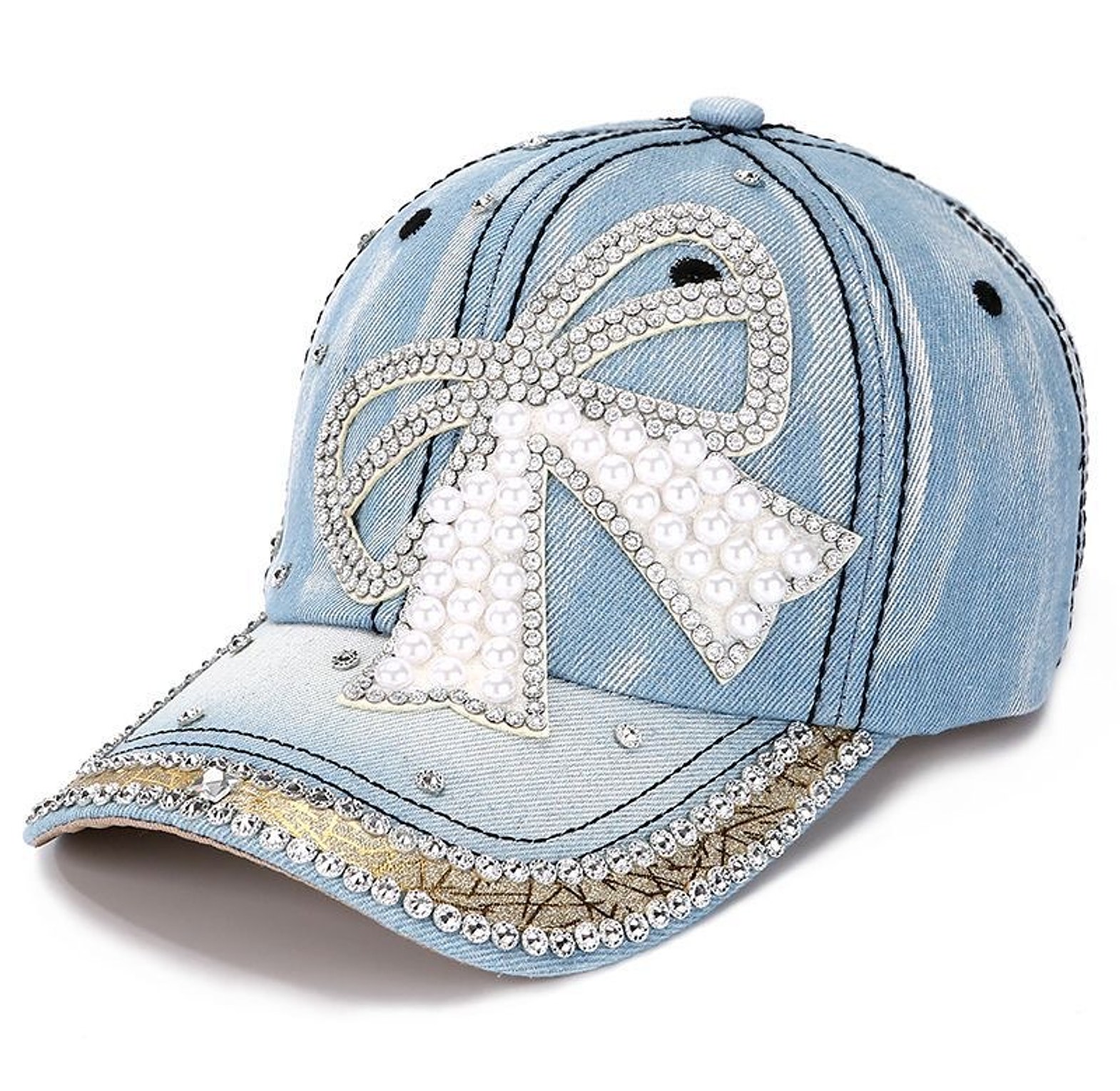 Women’s Bow Pearl Diamond Denim Baseball Cap image