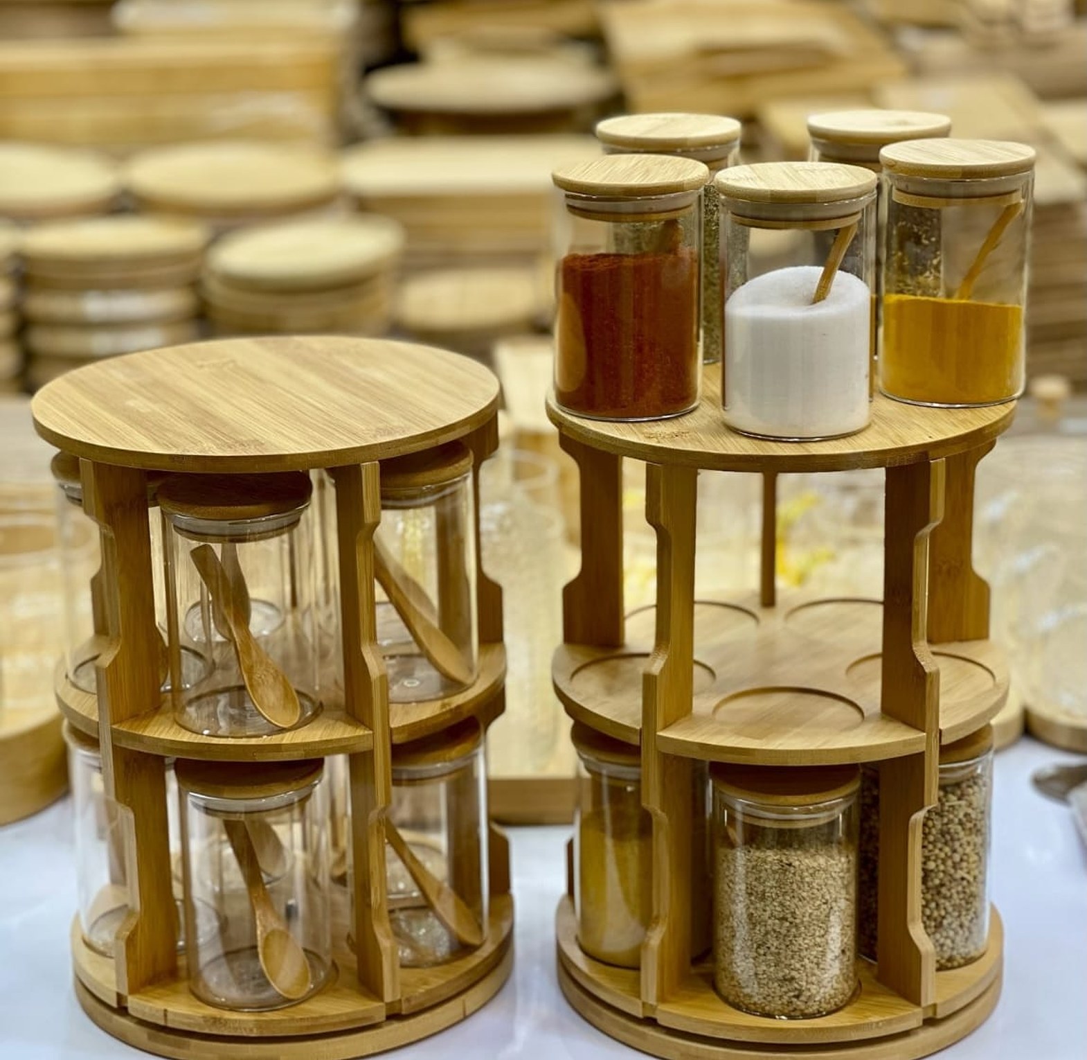 360-Degree Rotating Bamboo Spice Rack with 10 Large 300ml Glass Jars image