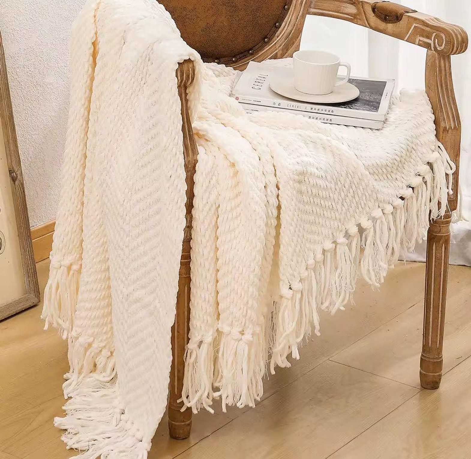 Textured knitted heavy throw blanket with tassels                                                                                    image