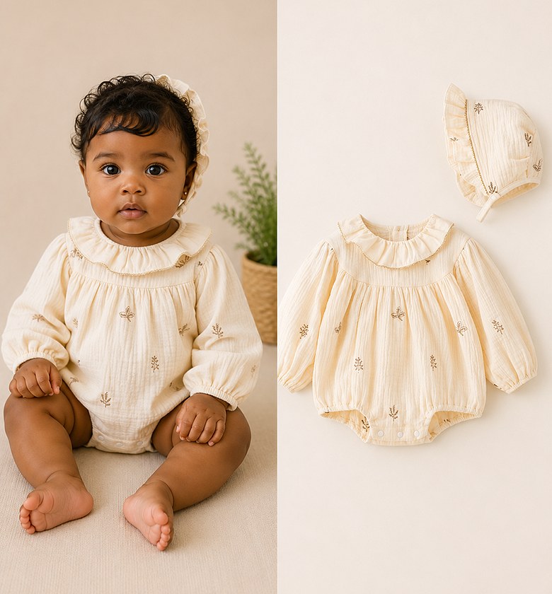 Ivory Sprig Muslin Romper Set (with Hat) image