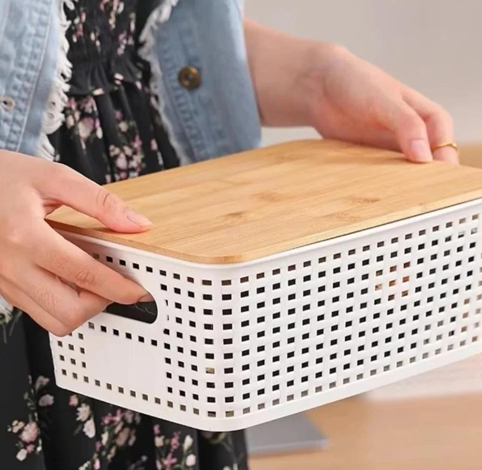Plastic multipurpose organising basket with bamboo lid image