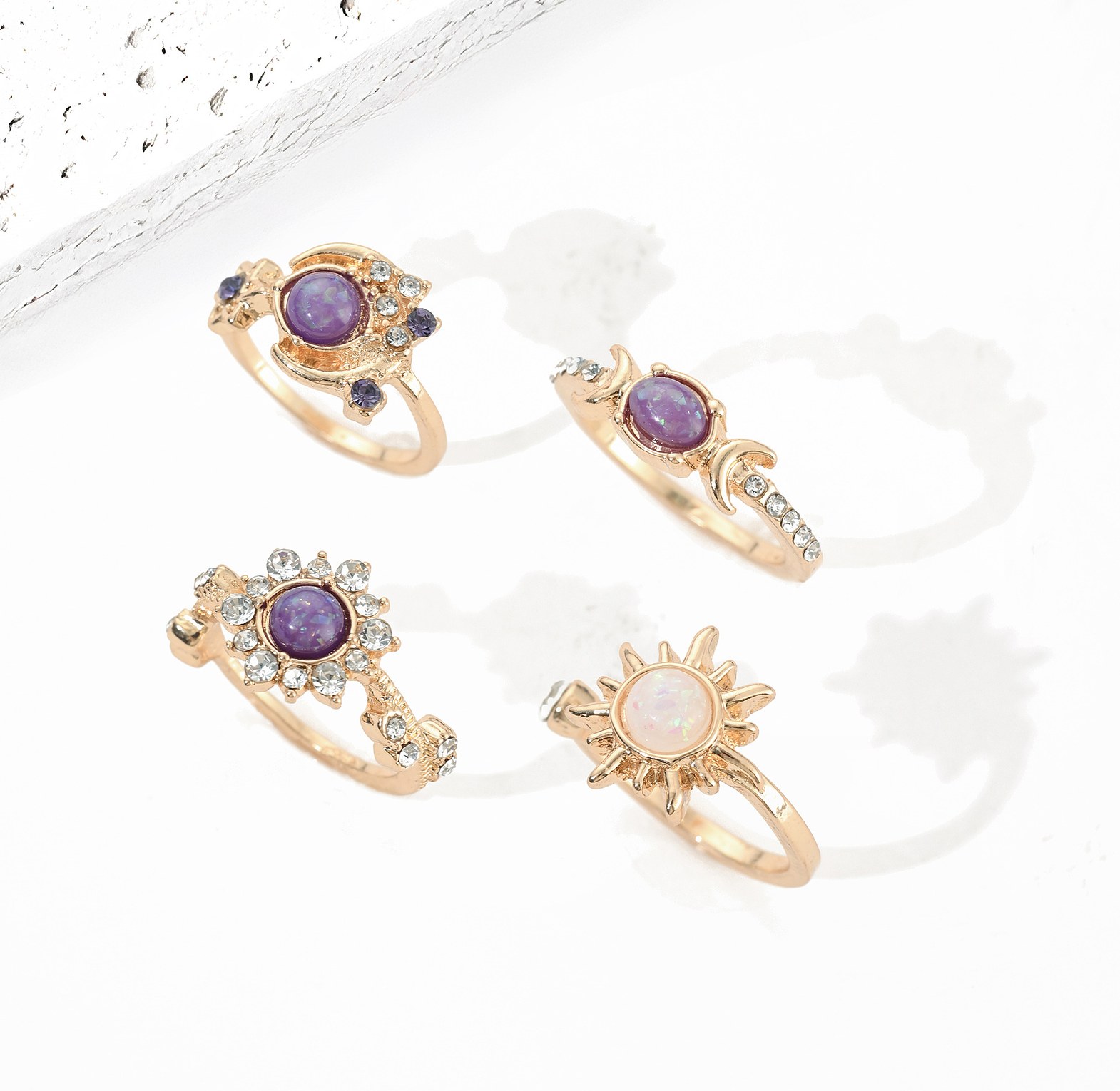  Elegant Geometric Sun Moon Gemstone Ring Set image