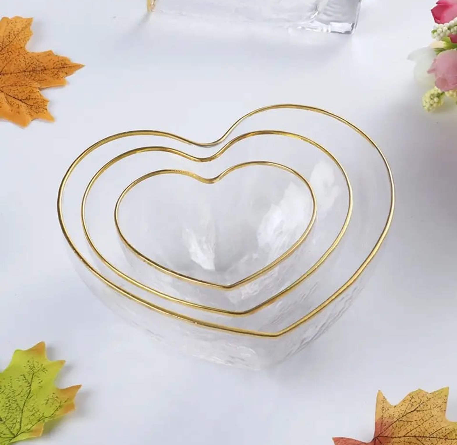 3pcs Heart-Shaped Golden Trim Hammered Pattern Glass Salad Bowl, image