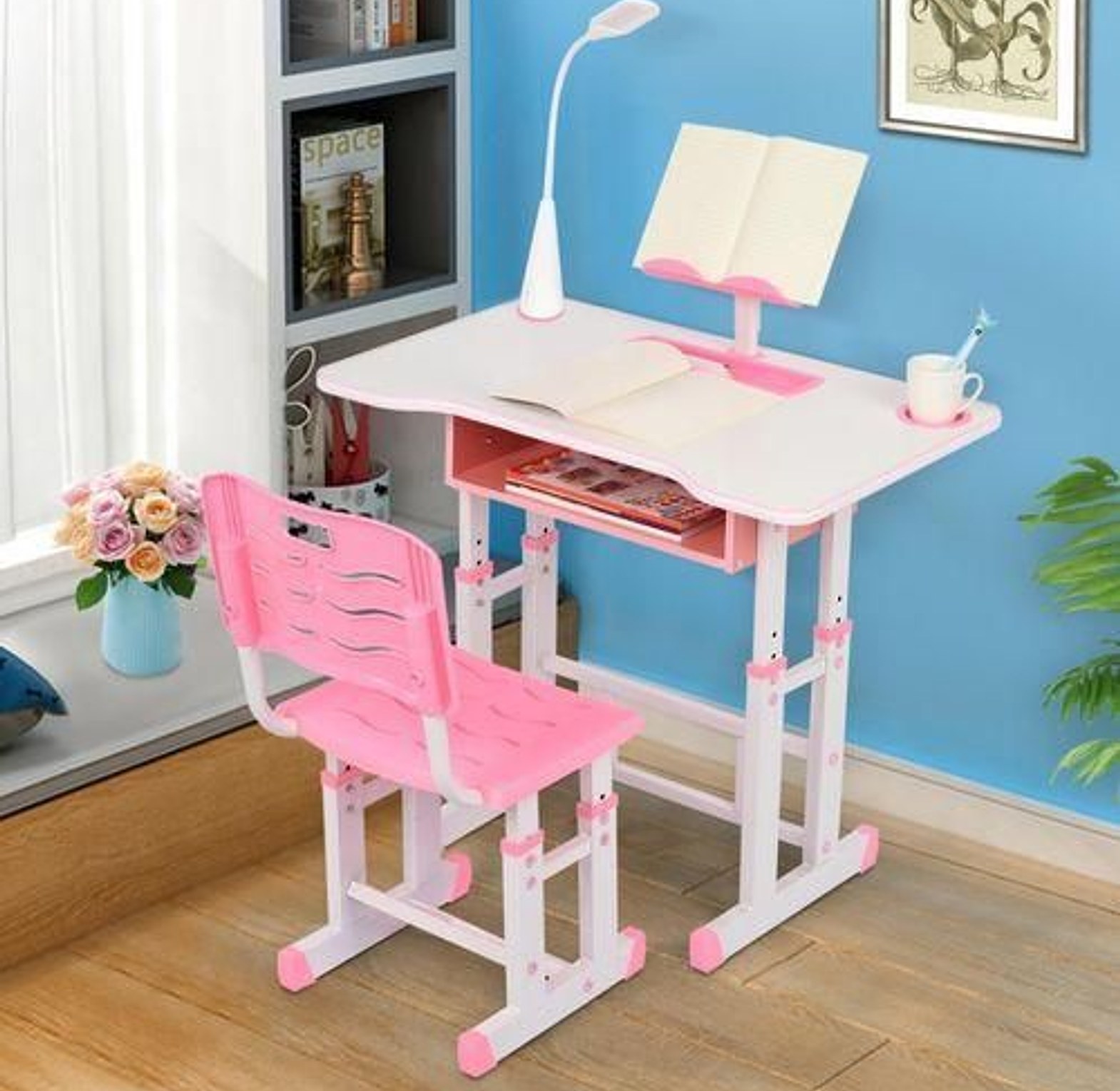 Height Adjustable Kids Study Table and Chair Set with Bookshelf & Reading Stand – Ergonomic Learning Desk for Children image