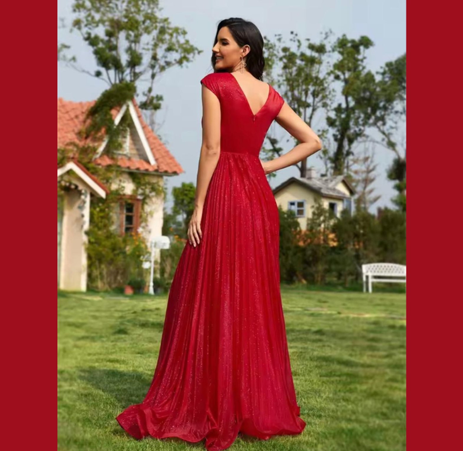 Scarlet Shimmer Pleated V-Neck Gown image