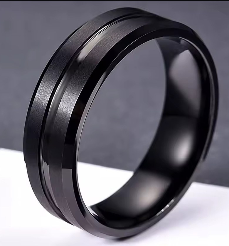 Black Titanium Groove Beveled Edge Men's Ring  image