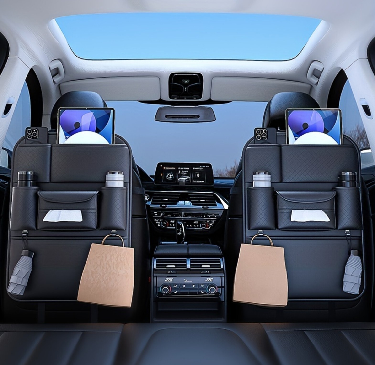 Universal Leather Car Backseat Organizer & Kick Mat Protector with Tissue Holder - Premium Interior Storage for SUVs & Sedans image