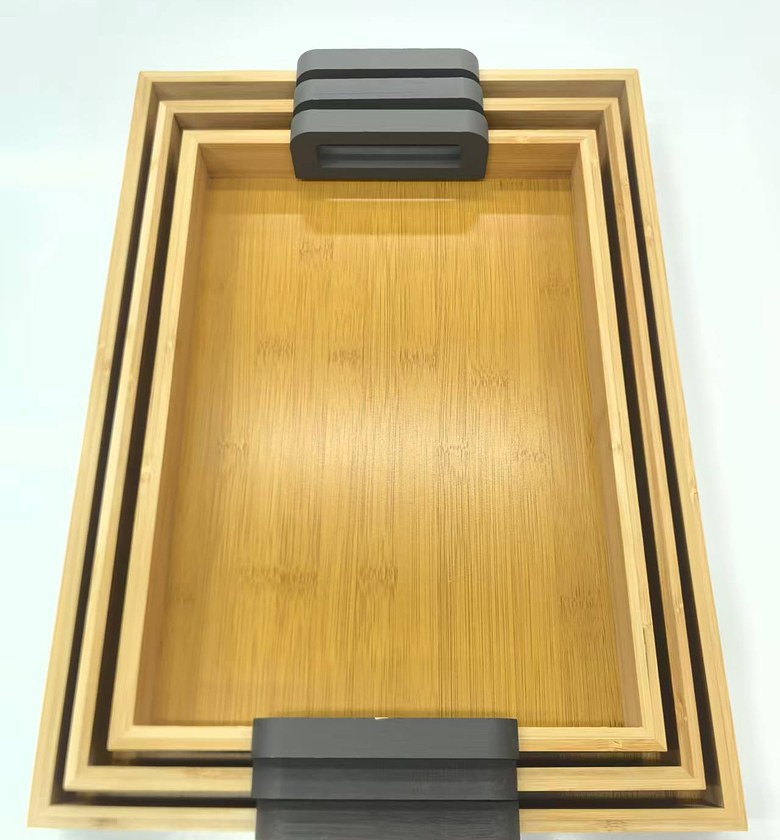 3-Piece Bamboo Nesting Serving Trays with Grey Handles image