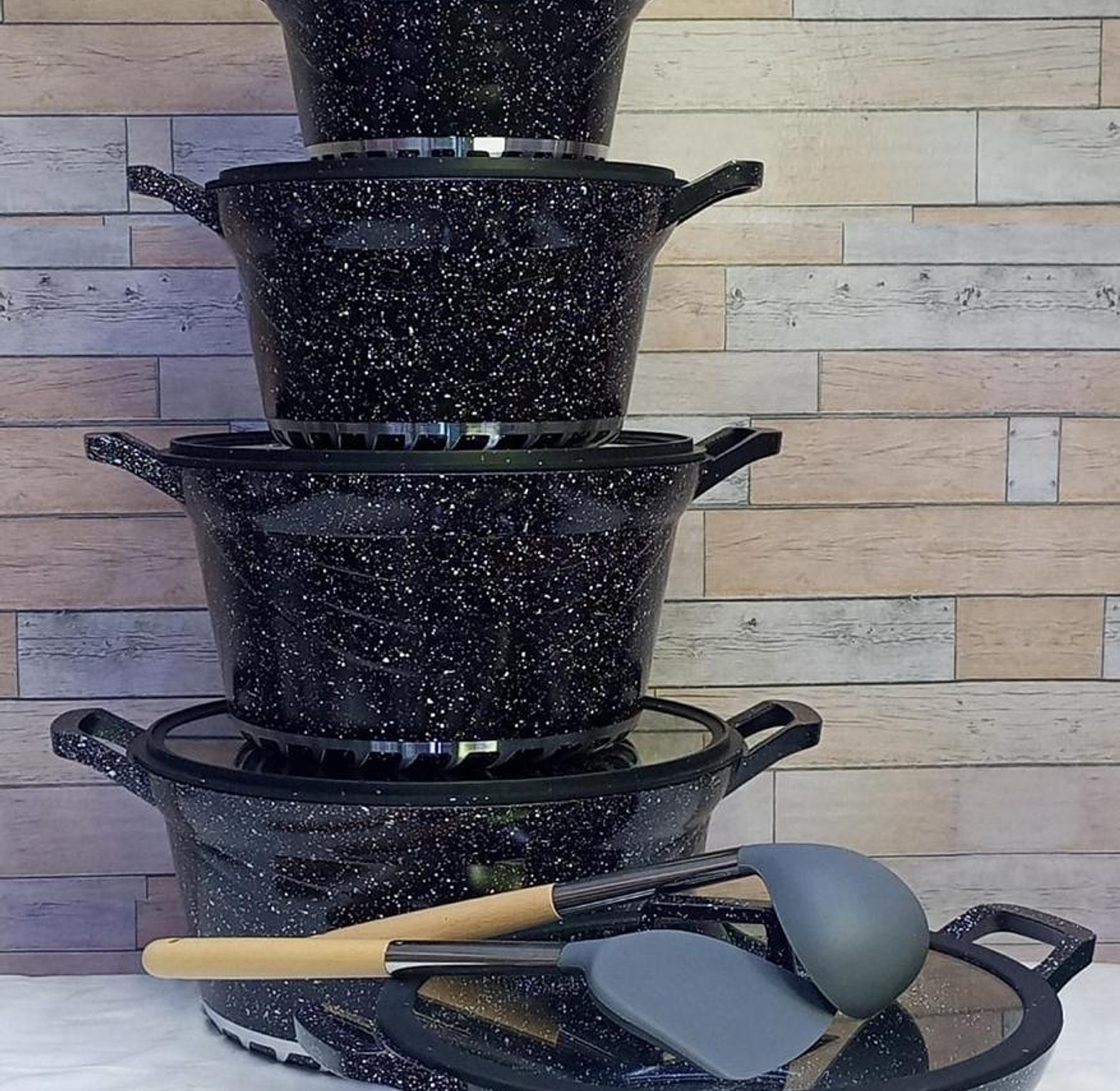COOKWARE SET. Bosch 12pcs Granite Coated Non-Stick Heavy Duty Cooking/Serving Pots+ 2 Silicon Spoons HIGHLY RECOMMEDED image