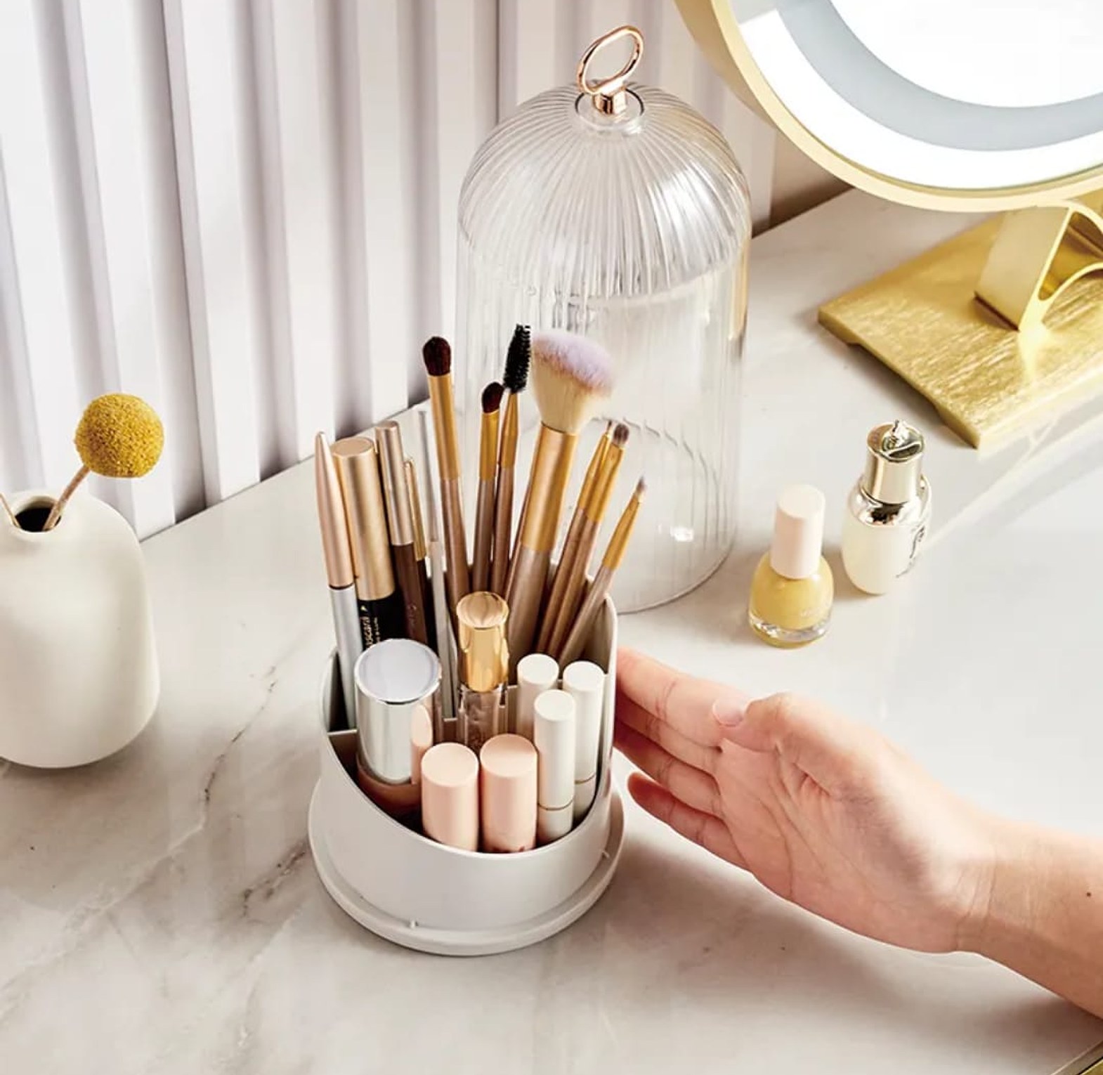 3-Tier Rotating Makeup Brush Organizer with Dust-Proof Transparent Lid image